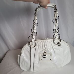 Cache Luxe Y2K White Leather Chunky Silver Tone Hardware Shoulder Bag Clubwear